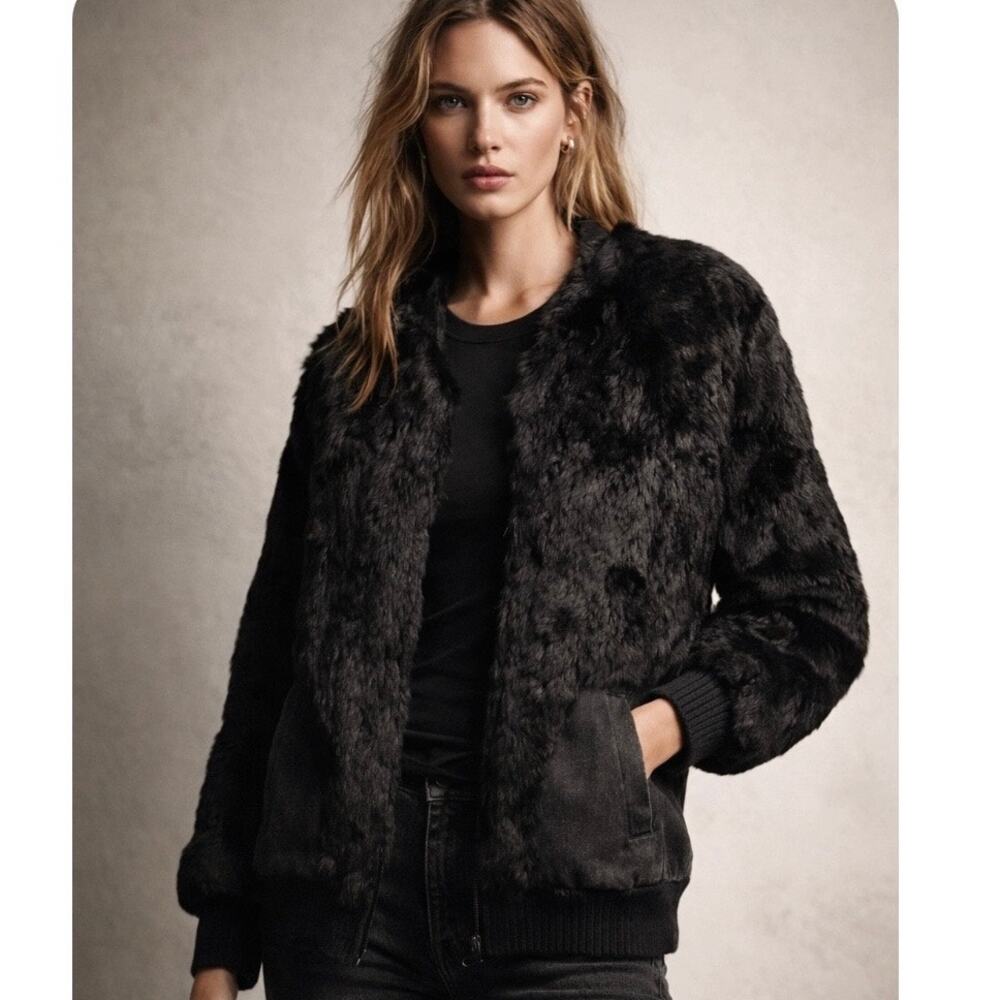 Vintage Authentic Black Rabbit Fur And Denim Coat Boho Chic Classic Effortless